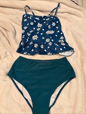 Girls' Teal Daisy Tankini Swim Set - Floral Print